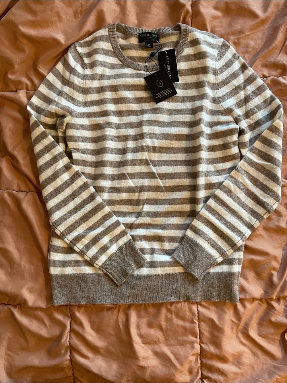 Charter Club Taupe and Cream Striped Crewneck Sweater